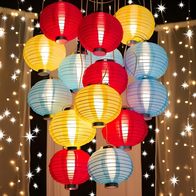 Photo a large group of colorful paper lanterns hanging from a rope