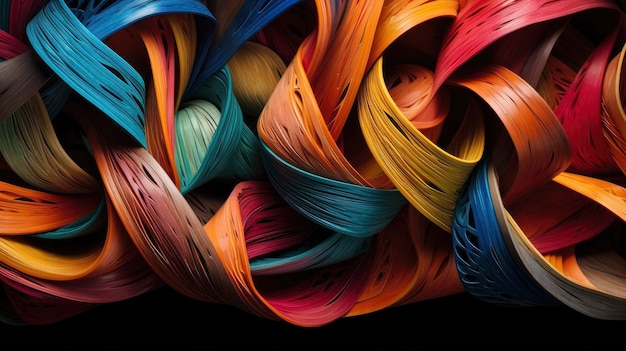 A large group of colorful threads are arranged in a spiral.