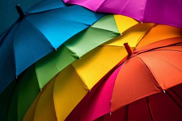 A large group of colorful umbrellas are stacked together.