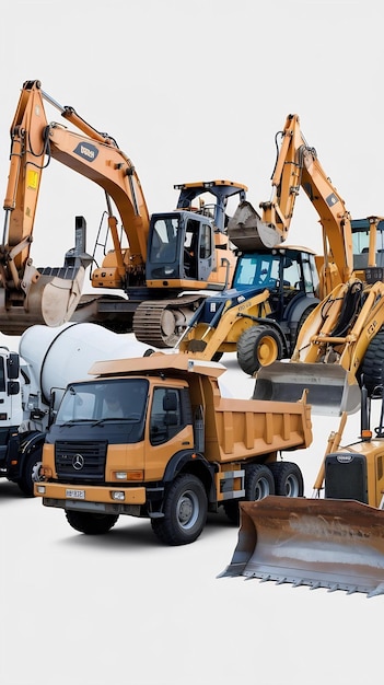 Photo a large group of construction equipment isolated on a white background rental of construction equip