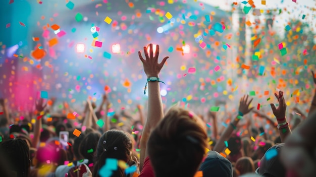 A large group of enthusiastic people at a concert venue celebrating as colorful confetti falls