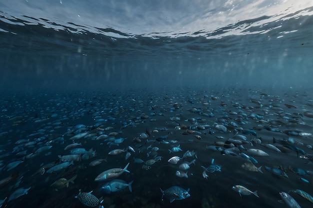 a large group of fish swim in the ocean