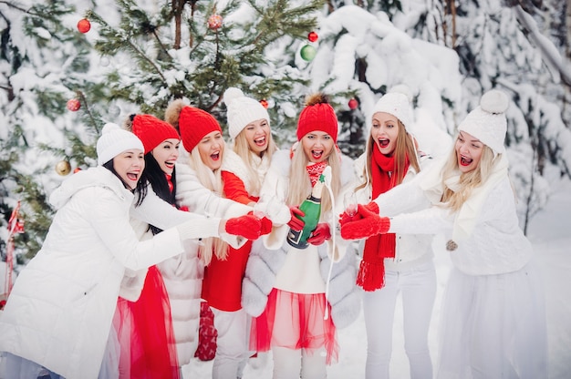 A large group of girls with glasses of champagne in their hands stands in the winter forest.Girls in red and white clothes with new year's drinks in a snow-covered forest.