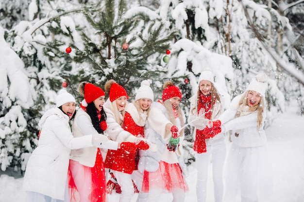 A large group of girls with glasses of champagne in their hands stands in the winter forest.Girls in red and white clothes with new year's drinks in a snow-covered forest.