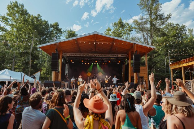 Photo large group of individuals standing around an outdoor stage amidst a lively atmosphere a lively outdoor concert with a stage and crowds of people dancing