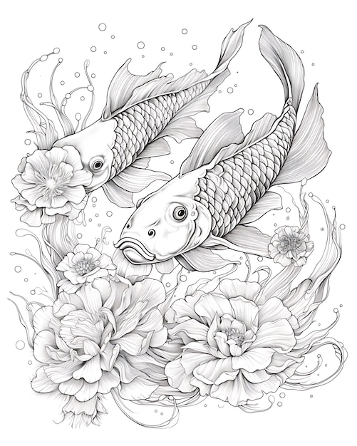 Large Group of Koi Fish Coloring Pages