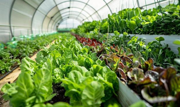 a large group of lettuce are in a greenhouse