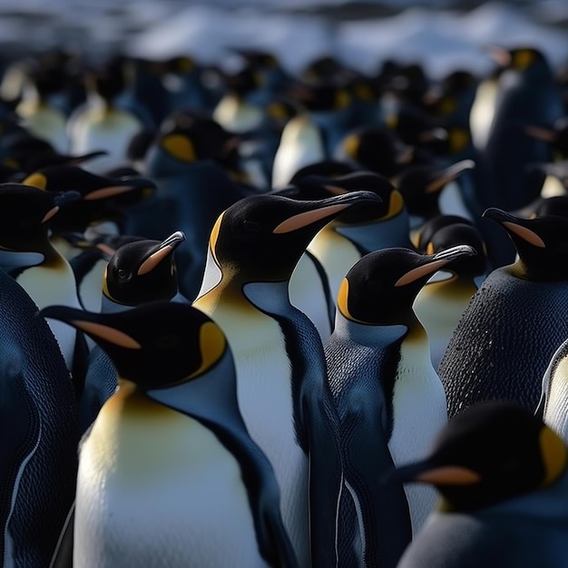 A large group of penguins are standing together.