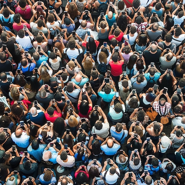 Photo a large group of people are all looking at their phones