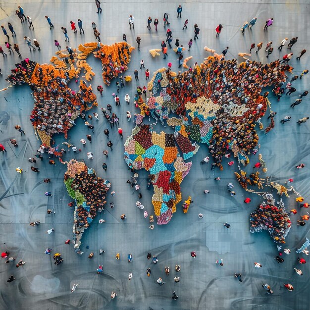 Photo a large group of people are gathered around a world with a world map