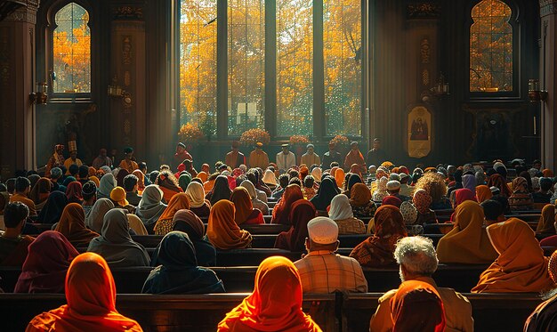 a large group of people are gathered in a church with a large window in the background