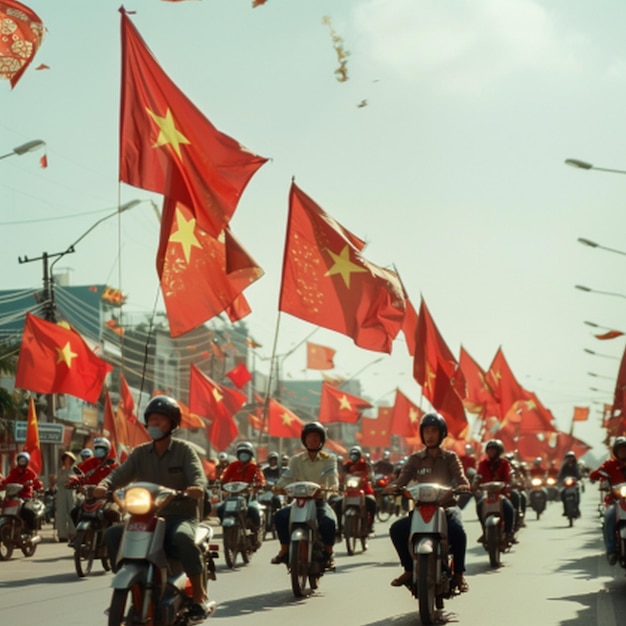 a large group of people are riding motorcycles and one has a red triangle on the front