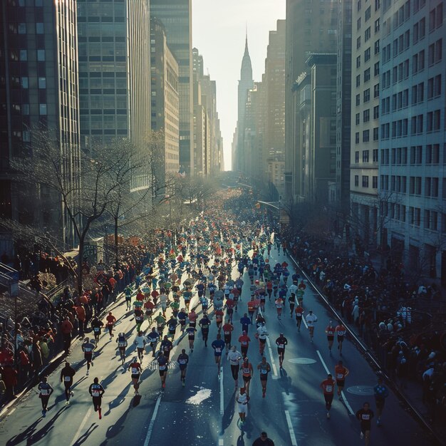 Photo a large group of people are running in a street with a building in the background