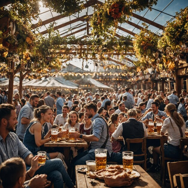 a large group of people are sitting at tables with beer glasses