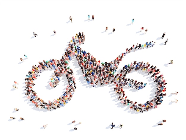 Large group of people in the form of a motorcycle. Isolated, white background.