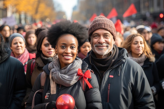 A large group of people gather to commemorate World AIDS Day People holding signs