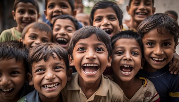 A large group of playful school children smiling generated by AI