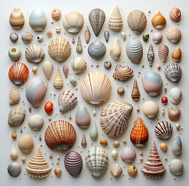 a large group of shells on a white background