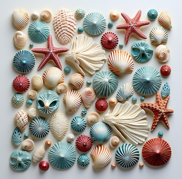 a large group of shells on a white background