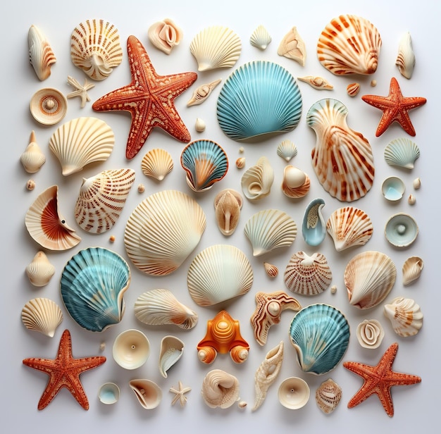 a large group of shells on a white background