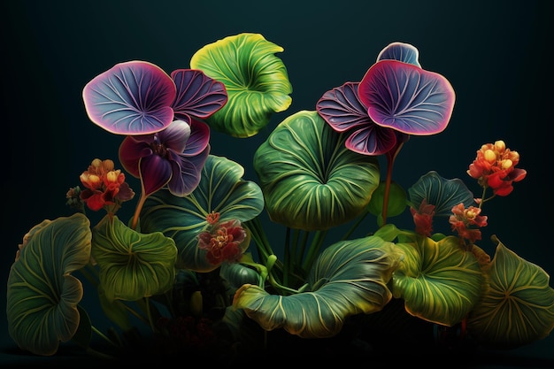 Large group of tropical plants in a dark room Hyper realistic illustration