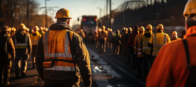 A large group of workers working together on the construction highway project Generated with AI