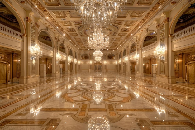 A large hall adorned with chandeliers including one hanging from the ceiling Opulent ballrooms with crystal chandeliers and marble floors