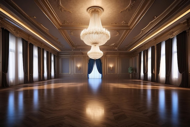 Photo a large hall with a chandelier hanging from the ceiling