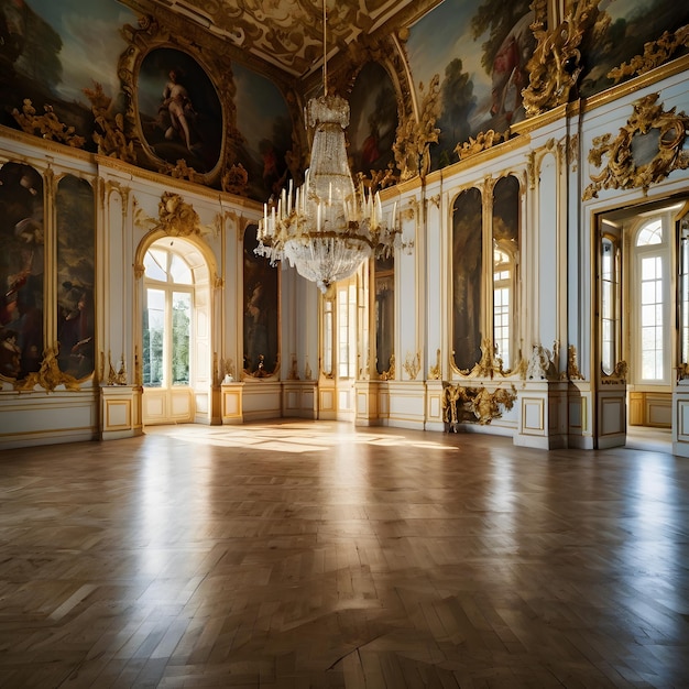 a large hall with a large painting on the wall