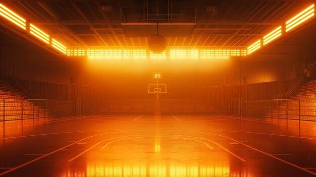 a large hall with lights and a basketball hoop on the ceiling