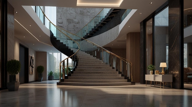 a large hall with a staircase and a staircase with a large chandelier hanging from the ceiling