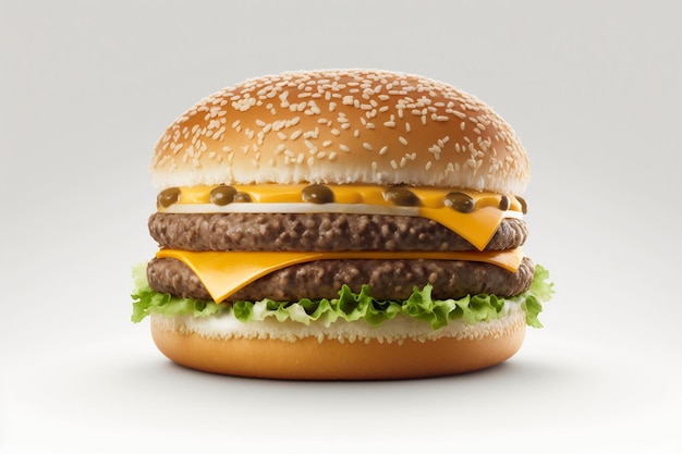 A large hamburger with cheese and lettuce on it