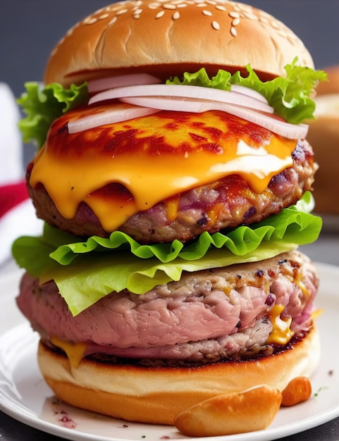 A large hamburger with a hamburger on it and a bun with a lettuce and cheese on it.