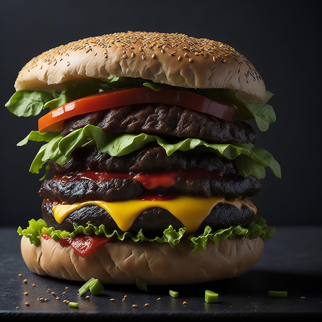 A large hamburger with lettuce, tomato, and cheese on it.