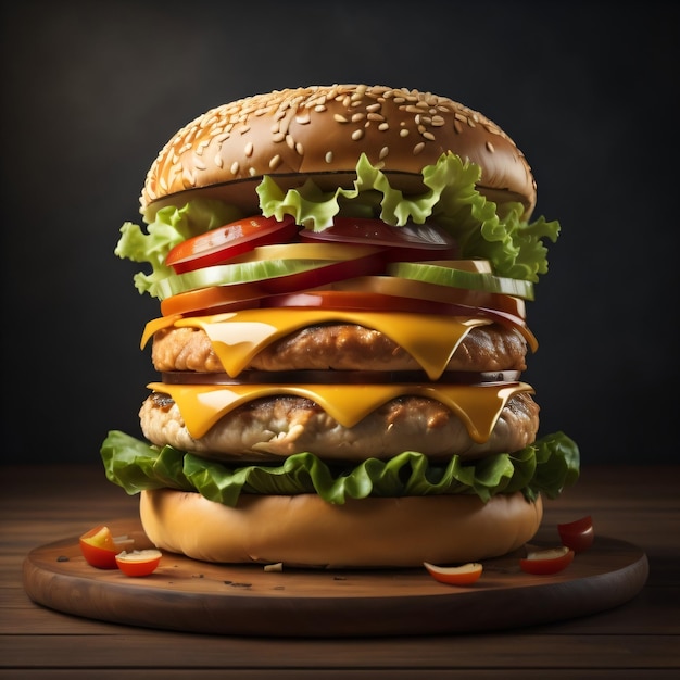 A large hamburger with lettuce, tomato, and cucumber on it.