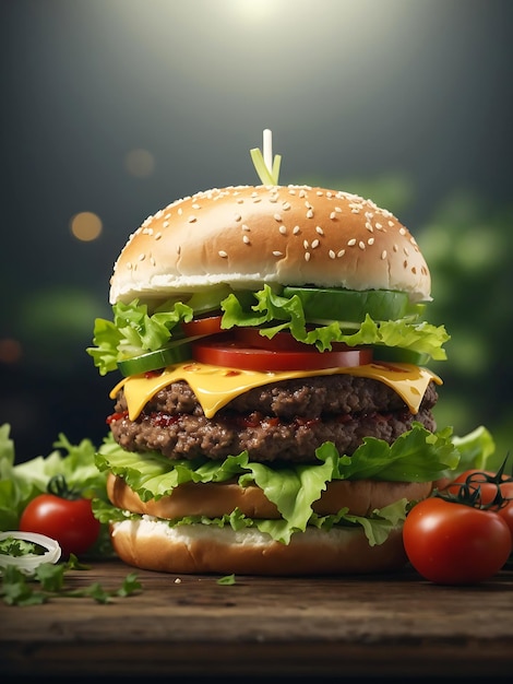 A large hamburger with lettuce tomato and lettuce on it ai generated