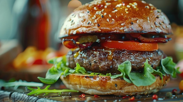 Large hamburger with lettuce and tomato on top