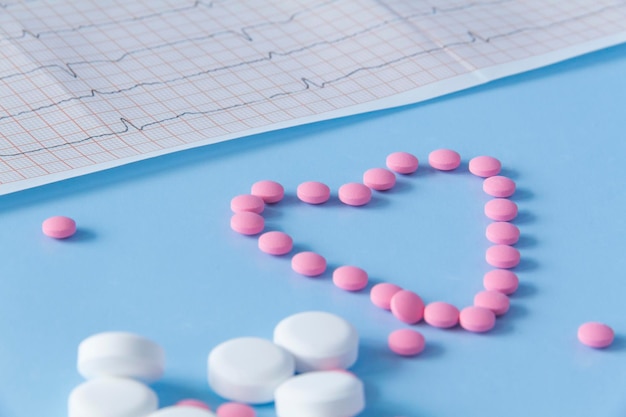 A large handful of pink pills lie in the form of a heart on an electrocardiogram on a blue background The concept of a healthy lifestyle and timely medical examination