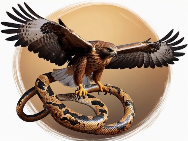 A large hawk is flying with a large snake in its paw