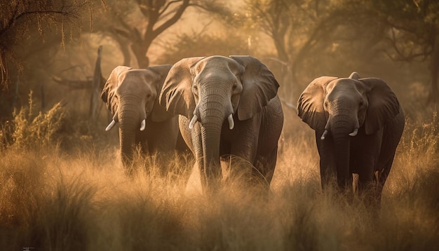 Large herd of African elephants walking at dawn generated by AI