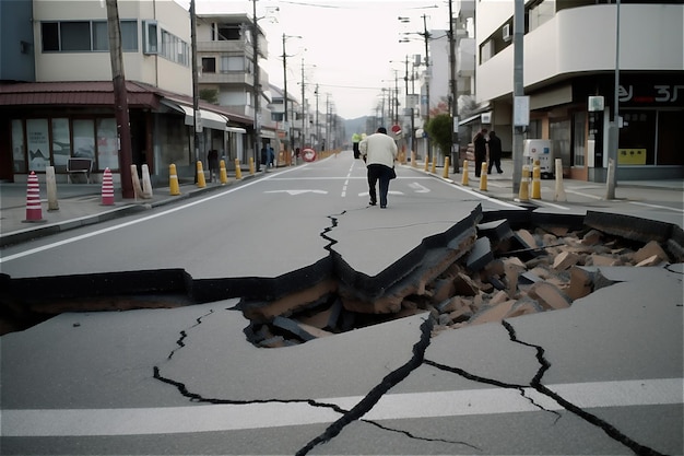 a large hole in the road that has been blocked by a large crack after earthquake