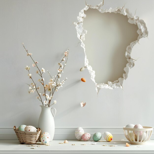 Photo large hole in the wall and easter decorations