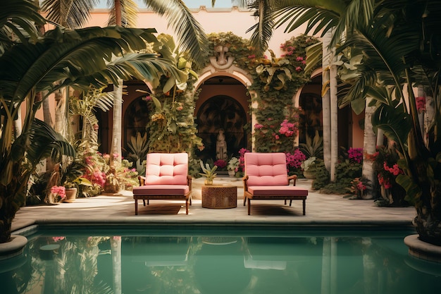 large hotel swimming pool is surrounded by lounge chairs and umbrellas