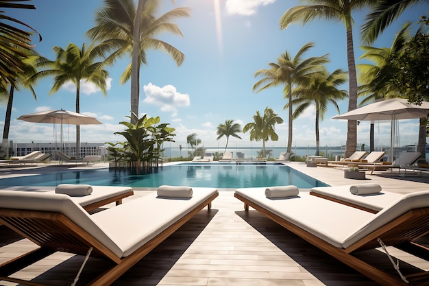 large hotel swimming pool is surrounded by lounge chairs and umbrellas