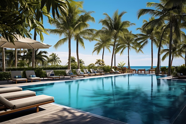 large hotel swimming pool is surrounded by lounge chairs and umbrellas