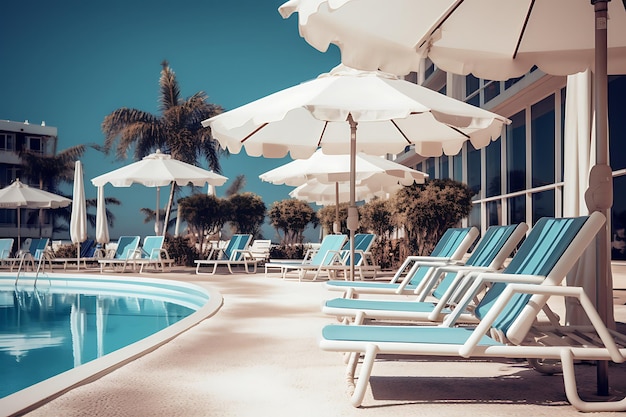 large hotel swimming pool is surrounded by lounge chairs and umbrellas