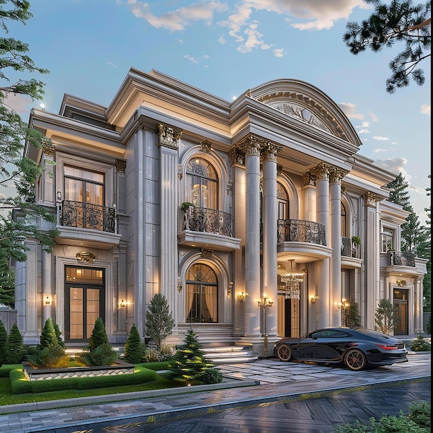 a large house with a car parked in front of it