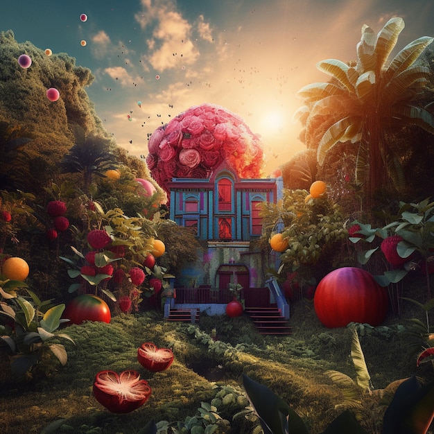 A large house with a large pink fruit on the top.