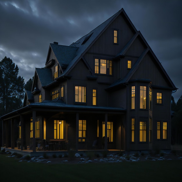 A large house with many windows lit up at night