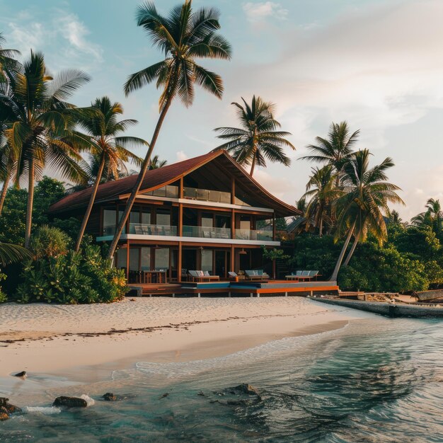 A large house with a pool and a beach in the background